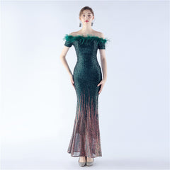 Off-Shoulder Ostrich Feather Sequin Maxi Dress