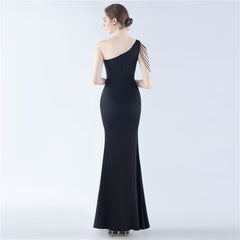 Beaded One-Shoulder Diagonal Collar Maxi Dress