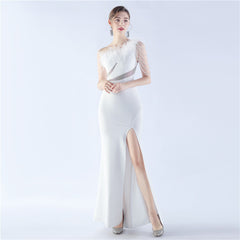 One-Shoulder Rhinestone Diagonal Collar Maxi Dress