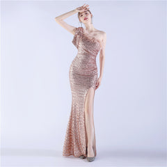 Sequined One-Shoulder Ostrich-Feather Maxi Dress