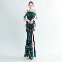 One-Shoulder Ostrich Feather Beaded Maxi Dress