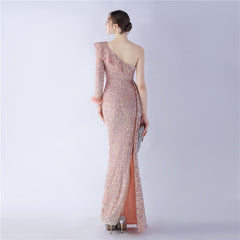 One-Shoulder Ostrich Feather Sequin Maxi Dress