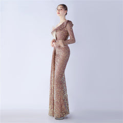 One-Shoulder Ostrich Feather Sequin Maxi Dress
