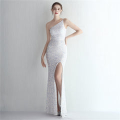 One-Shoulder Sequined Fishtail Split Maxi Dress