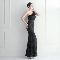 Ostrich Feather One-Shoulder Sequined Maxi Dress