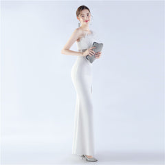 One-Shoulder Rhinestone Diagonal Collar Maxi Dress