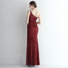 One-Shoulder Sequined Fishtail Split Maxi Dress