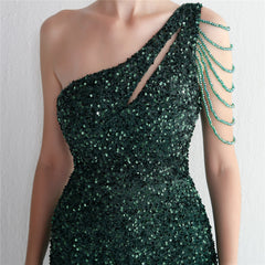 One-Shoulder Sequined Beaded Fishtail Maxi Dress