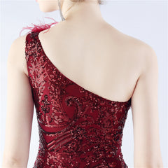 Ostrich Feather Sequined One-Shoulder Maxi Dress