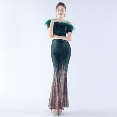 Off-Shoulder Ostrich Feather Sequin Maxi Dress
