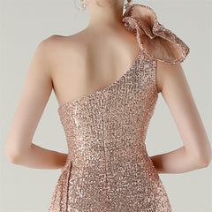 One-Shoulder Sequined Beaded Fishtail Maxi Dress