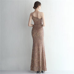 One-Shoulder Sequined Fishtail Split Maxi Dress
