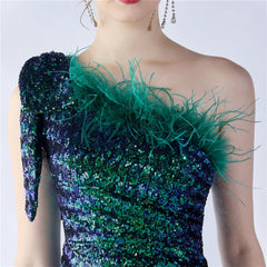 Sequined One-Shoulder Ostrich-Feather Maxi Dress