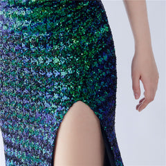 Sequined One-Shoulder Ostrich-Feather Maxi Dress