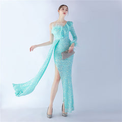One-Shoulder Ostrich Feather Sequin Maxi Dress