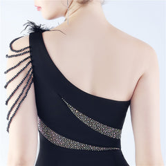 One-Shoulder Rhinestone Diagonal Collar Maxi Dress