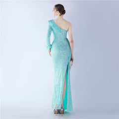 One-Shoulder Ostrich Feather Sequin Maxi Dress