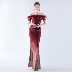 Off-Shoulder Ostrich Feather Sequin Maxi Dress