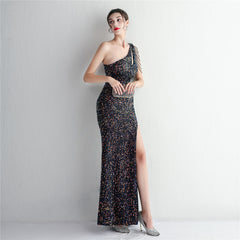 One-Shoulder Sequined Beaded Fishtail Maxi Dress