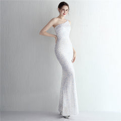 One-Shoulder Sequined Fishtail Split Maxi Dress