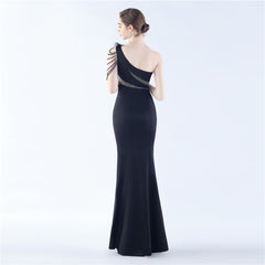 One-Shoulder Rhinestone Diagonal Collar Maxi Dress