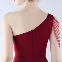 Beaded One-Shoulder Diagonal Collar Maxi Dress