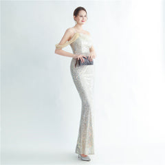 One-Shoulder Ostrich Feather Beaded Maxi Dress