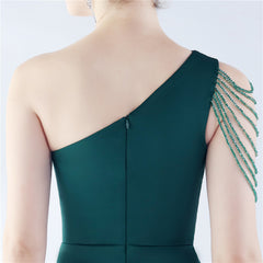 Beaded One-Shoulder Diagonal Collar Maxi Dress