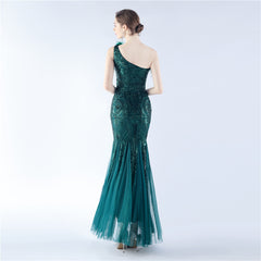 Ostrich Feather Sequined One-Shoulder Maxi Dress