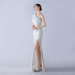 Sequined One-Shoulder Ostrich-Feather Maxi Dress