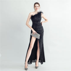 One-Shoulder Ostrich Feather Sequin Maxi Dress