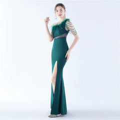 One-Shoulder Rhinestone Diagonal Collar Maxi Dress