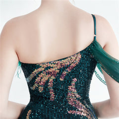 One-Shoulder Ostrich Feather Beaded Maxi Dress