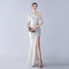 Sequined One-Shoulder Ostrich-Feather Maxi Dress
