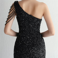 One-Shoulder Sequined Beaded Fishtail Maxi Dress