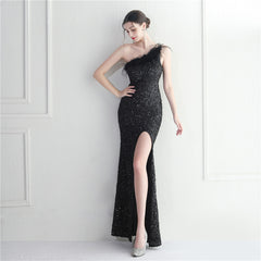 Ostrich Feather One-Shoulder Sequined Maxi Dress