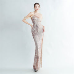 One-Shoulder Ostrich Feather Beaded Maxi Dress