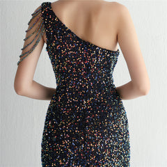 One-Shoulder Sequined Beaded Fishtail Maxi Dress