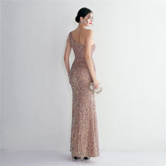 One-Shoulder Sequined Beaded Fishtail Maxi Dress