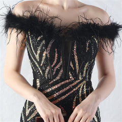 Off-Shoulder Backless Sequined Lace-Up Maxi Dress