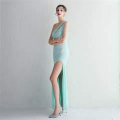 One-Shoulder Sequined Beaded Fishtail Maxi Dress