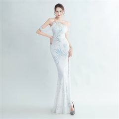 One-Shoulder Ostrich Feather Beaded Maxi Dress