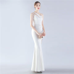 Beaded One-Shoulder Diagonal Collar Maxi Dress
