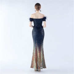 Off-Shoulder Ostrich Feather Sequin Maxi Dress
