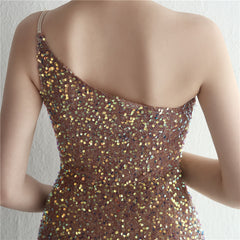 One-Shoulder Sequined Fishtail Split Maxi Dress