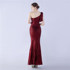 Sequined One-Shoulder Ostrich-Feather Maxi Dress
