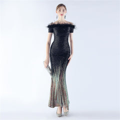 Off-Shoulder Ostrich Feather Sequin Maxi Dress