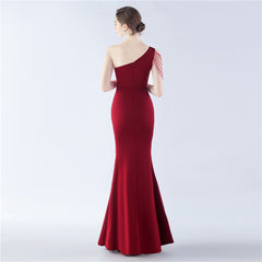 Beaded One-Shoulder Diagonal Collar Maxi Dress