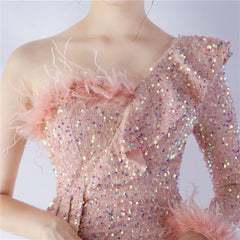 One-Shoulder Ostrich Feather Sequin Maxi Dress