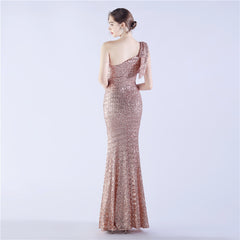 Sequined One-Shoulder Ostrich-Feather Maxi Dress
